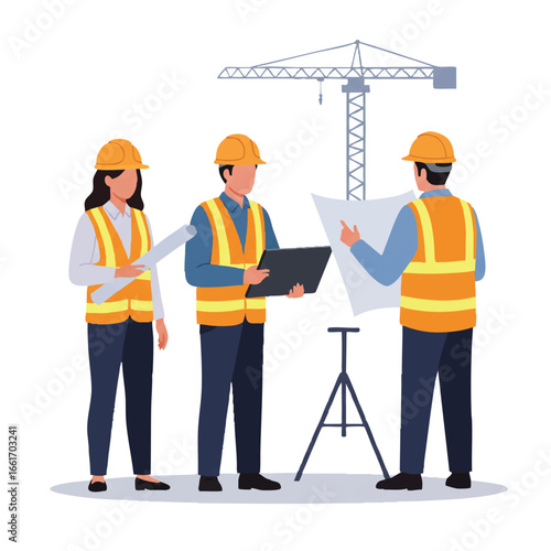 Construction professionals in hard hats and vests review blueprints on a job site with a crane, illustrating collaborative project planning and management.