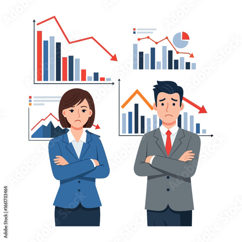 Economic Downturn: Illustrative representation of a couple facing financial strain, their faces etched with worry as they confront the decline of economic charts and graphs.