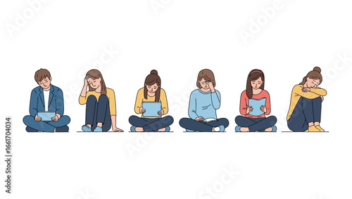 Digital Interaction: A diverse group engages with digital devices in various settings, representing the ever-evolving relationship between individuals and technology in modern life.