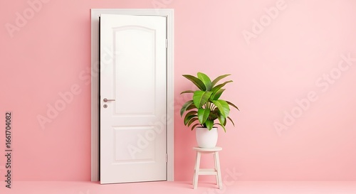 International coffee day a closed white door stands next to a potted green plant against a plain pink wall, suggesting a simple and clean interior design