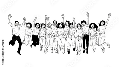 Joyful Teamwork in Silhouette: A dynamic silhouette captures a jubilant group of diverse individuals leaping with unified exuberance, illustrating a vibrant portrait of camaraderie and mutual joy.