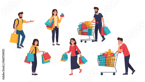 Retail Therapy: A vibrant illustration showcases diverse individuals gleefully engaged in the act of shopping, laden with bags and shopping carts in a burst of retail joy.