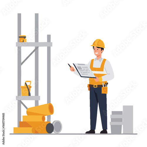 A diligent construction worker, wearing a hard hat and safety vest, meticulously inspects materials and equipment on a job site, ensuring project efficiency and safety compliance.