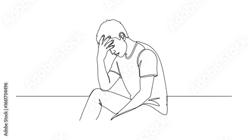 Contemplative Sketch: A minimalist line art illustration captures a person in a moment of profound introspection, head in hand, conveying a sense of solitude and deep thought.