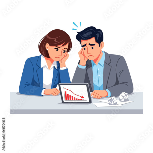 Business Frustration: Depicted is a scene of business professionals, their expressions reflecting disappointment as they observe a downturn in the financial performance presented on a tablet.