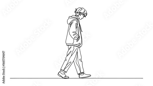 Solitary Stroll: A young individual, clad in casual attire, embarks on a lone walk, their head bowed in introspection, suggesting a moment of solitude and self-reflection. 