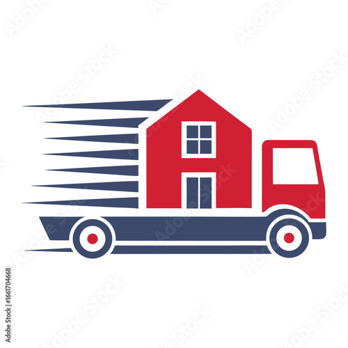 Red and blue house on a moving truck with speed lines home transport 1