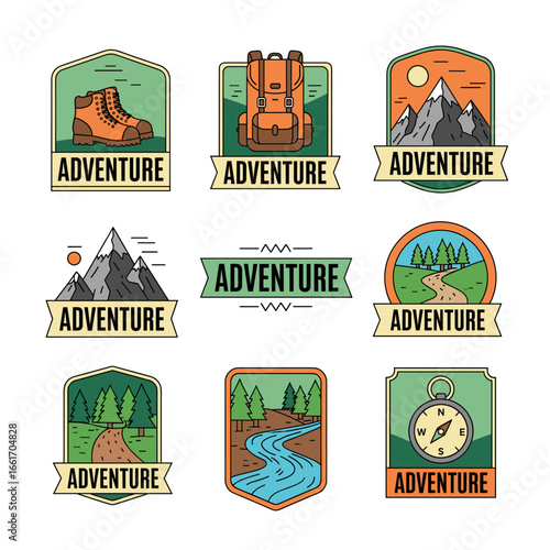 Adventure icons set vector illustration, hiking, camping, travel, outdoor, badge, graphic design, modern.