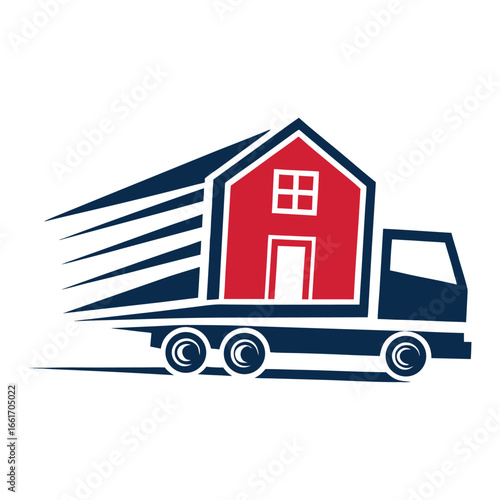 Red and blue moving truck with house graphic and speed lines home transport