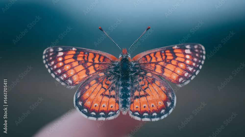 Obraz premium Top-down view of a colorful butterfly with orange and black patterned wings perched on a fingertip. Macro shot of an insect in nature