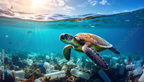 Plastic pollution in ocean environmental problem. Turtles can eat plastic bags mistaking them for jellyfish, Turtle eating plastic ocean pollution sea life underwater 
