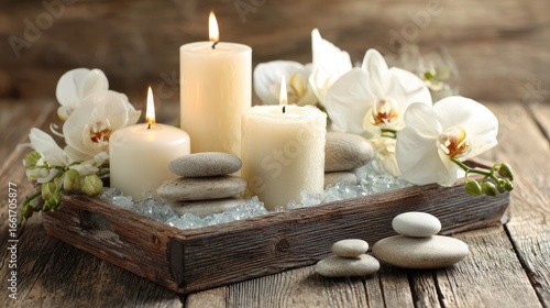 Relaxing Spa Setup with Candles, Smooth Stones, and White Orchids on Rustic Wooden Background