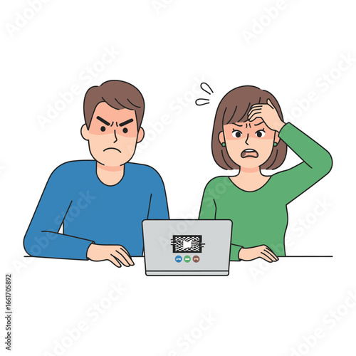 Digital Frustration: A couple is visibly frustrated by a malfunctioning computer, their faces reflecting their tech troubles as they attempt to troubleshoot.