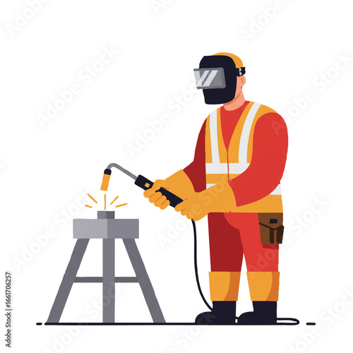 An expert male welder in full protective safety gear, including a helmet and gloves, meticulously performs arc welding on a metal workpiece, showcasing industrial craftsmanship.