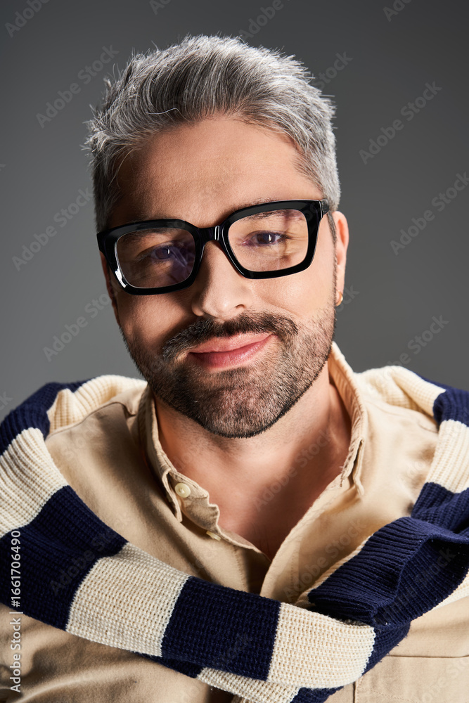Fototapeta premium Stylish man in elegant outfit poses confidently in a modern studio environment