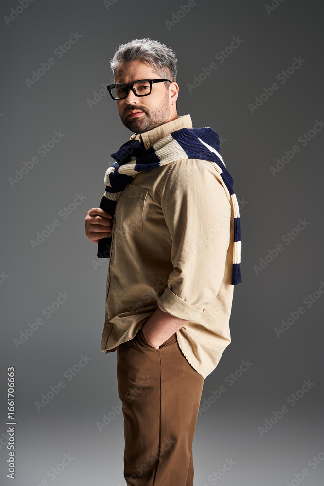 Fototapeta premium Stylish man in glasses showcases elegant fashion in modern studio setting