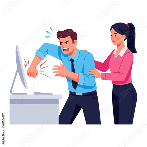 Frustration at Work: A digitally crafted illustration depicts a man's outburst of anger towards a computer, with a concerned colleague attempting to offer support.