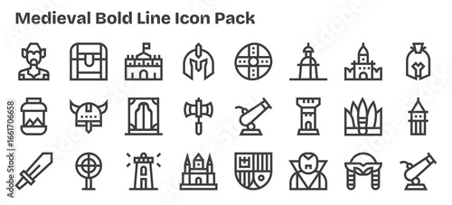 24 Medieval Icons in Bold Outline Aesthetic