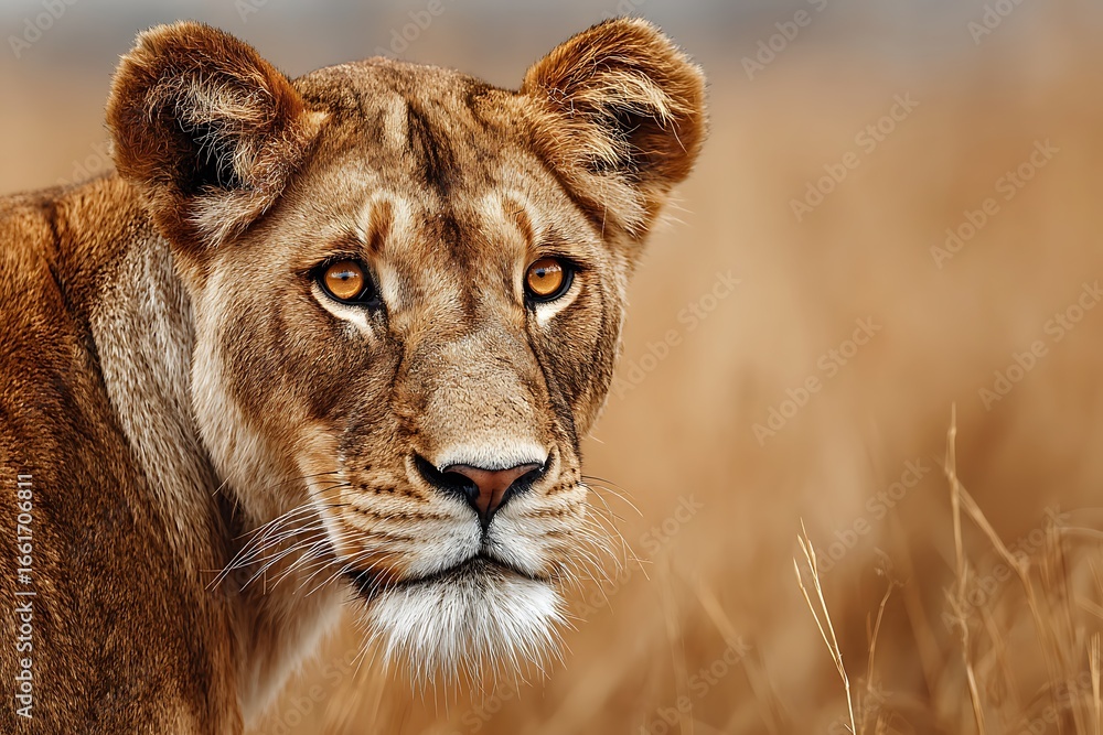 Obraz premium Radiant lioness portrait with textured fur on golden savanna setting 