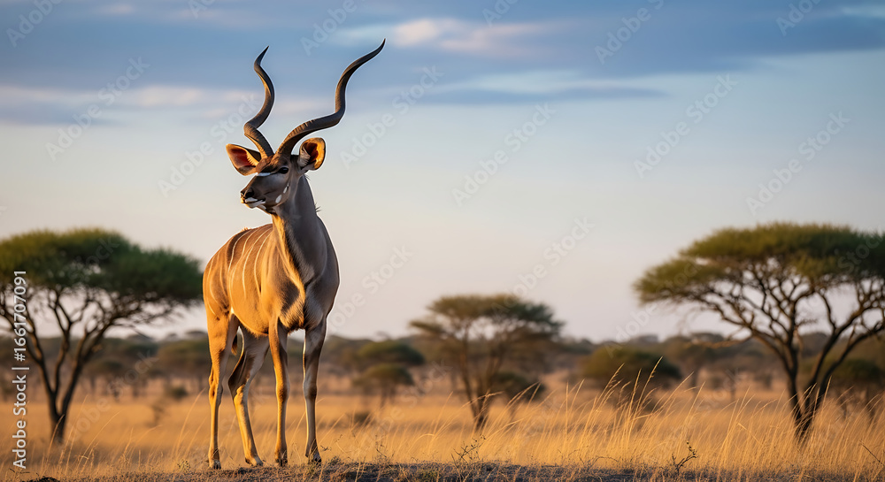 Fototapeta premium A majestic male kudu antelope with impressive spiral horns stands alert in the golden light of the African savanna at sunrise.