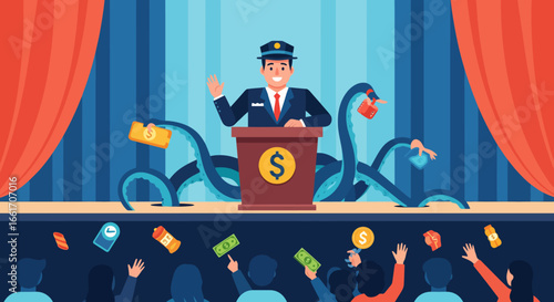 Corrupt politician giving speech with tentacles stealing money and censoring media