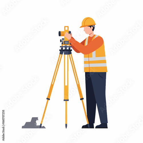 A professional male surveyor in a safety vest and hard hat precisely operates a total station on a tripod, conducting essential land measurements for engineering projects.