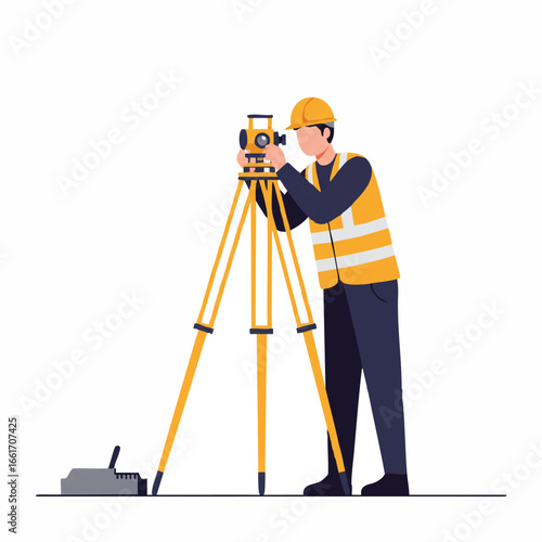 A professional male surveyor in a hard hat and safety vest operates a total station on a tripod, performing land measurement and engineering tasks.