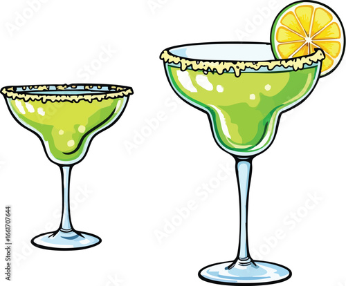 Margarita Glasses Vector with Salted Rims and Lime Garnish for Summer Party, Bar Menu, and Cocktail Design Concepts