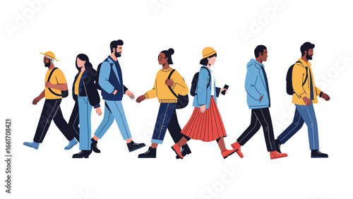 Urban Stride: A diverse group of people stride purposefully in a unified row, their figures silhouetted against a minimalist background.