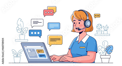 Friendly woman provides customer service via laptop with message bubbles in an illustrative style