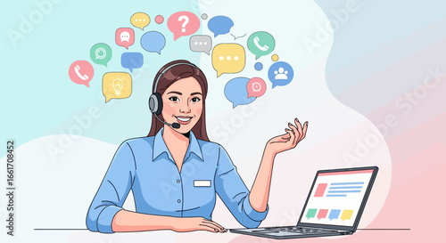Cheerful Asian woman providing customer support with headset, using laptop; surrounded by communication icons
