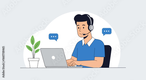 Smiling man in headset provides online customer service via laptop with simple, modern flat vector illustration