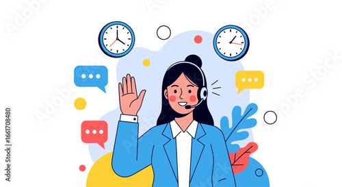 Cheerful woman in headset offering customer service support with global time zones, illustrated vector