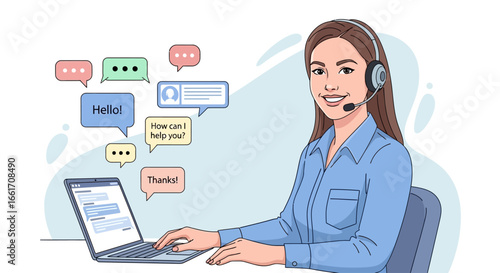 Smiling woman operator providing online customer support via chat on her laptop with headset