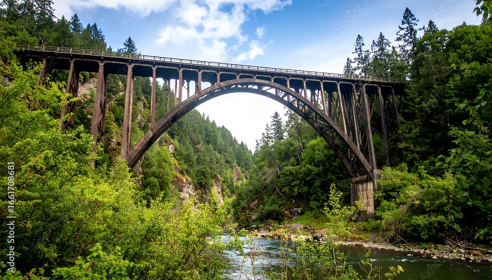 Fototapeta premium Steel Arch Bridge Over River, Forest Setting