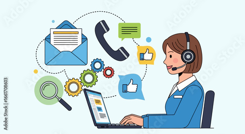 Friendly customer support agent providing assistance via multiple channels on laptop.