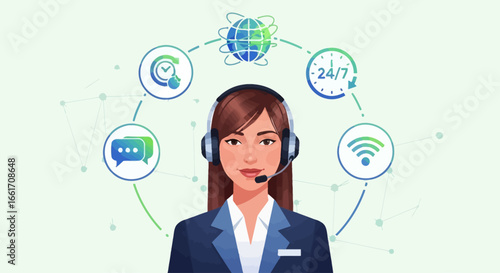 Friendly woman providing 24/7 online global customer support with headset, cartoon style.