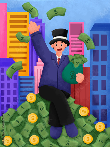 Wealth and Abundance: A cheerful figure with a top hat revels in the overflow of cash, surrounded by skyscrapers. An illustration of financial prosperity.