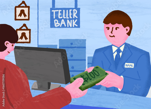 Banking Transaction: A customer hands cash to a teller, signifying a routine financial exchange, captured in a crisp illustration.
