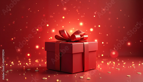 Red gift box with ribbon on festive background with sparkles  