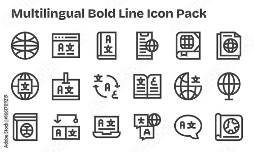 Bold Line Icons - Multilingual Set with 18 Vectors