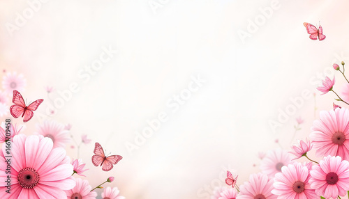 Pink flowers and butterflies on soft background in spring theme  