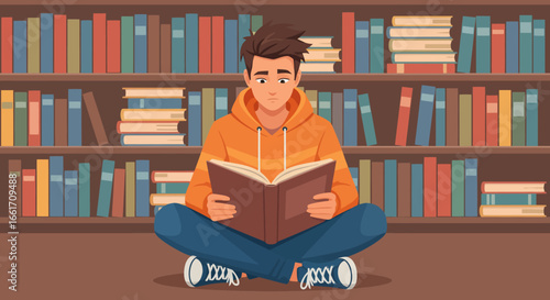 Student absorbed in book, cross legged reading in library, studying for exams with intense focus