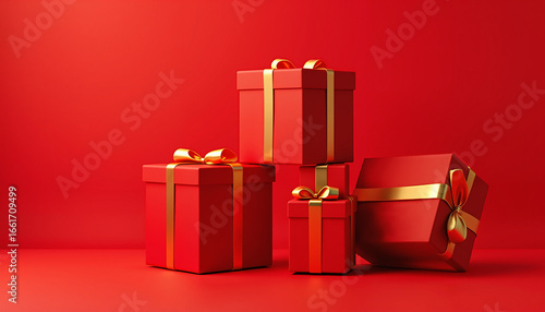 Red gift boxes with gold ribbons on solid red background  