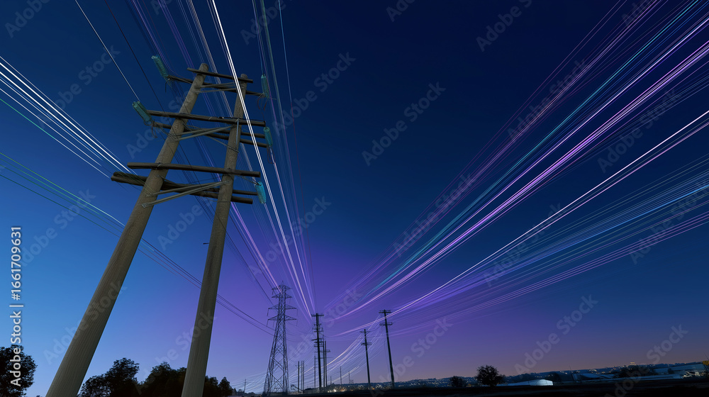 Fototapeta premium Electricity Visualized as Neon Ribbons on Powerlines at Night