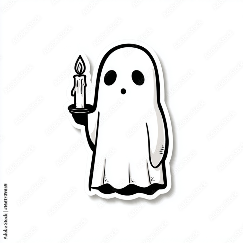 Fototapeta premium Cute Halloween Ghost Holding Candle Sticker – Creepy Vector with Thick Black Outline Isolated on White Background