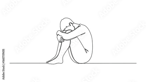 Solitary Contemplation: A minimalist line drawing poignantly portrays a person in a fetal position, embodying introspection and solitude, inviting viewers to reflect on vulnerability, resilience.