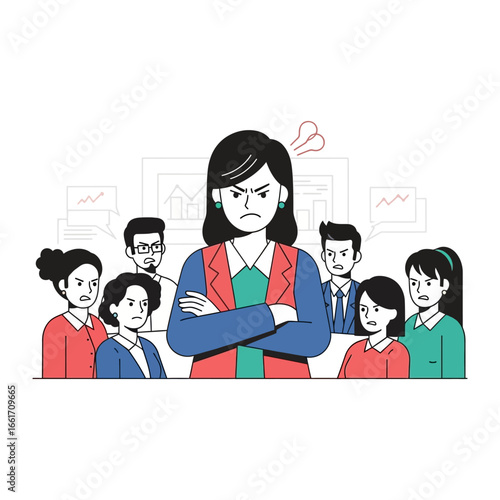 Leadership in Conflict: An illustration captures a stern, female leader surrounded by a group of colleagues, conveying an atmosphere of tension and disagreement in a collaborative setting.