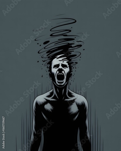 Psychological Horror-Inspired Art of Man Yelling in Dark Room – Surrealist Expression of Agony, Fear, and Emotional Imprisonment