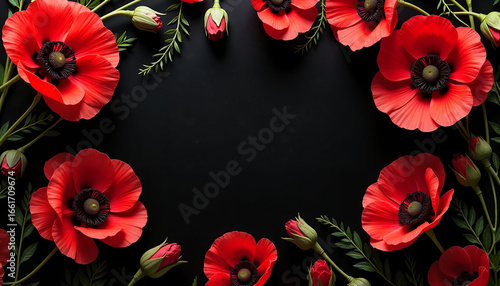 Red poppies arranged elegantly on dark background with greenery  